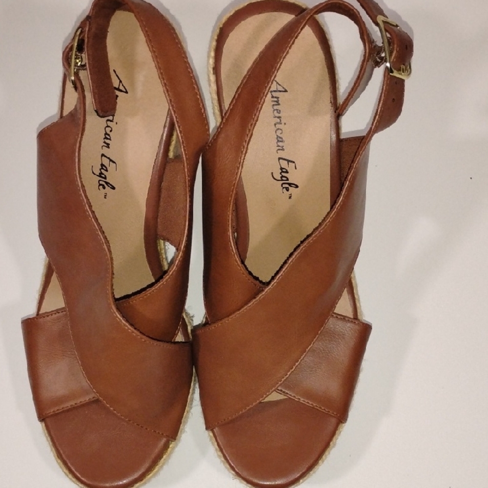 American Eagle Outfitters Brown Leather Cross-Band Wedge Sandals